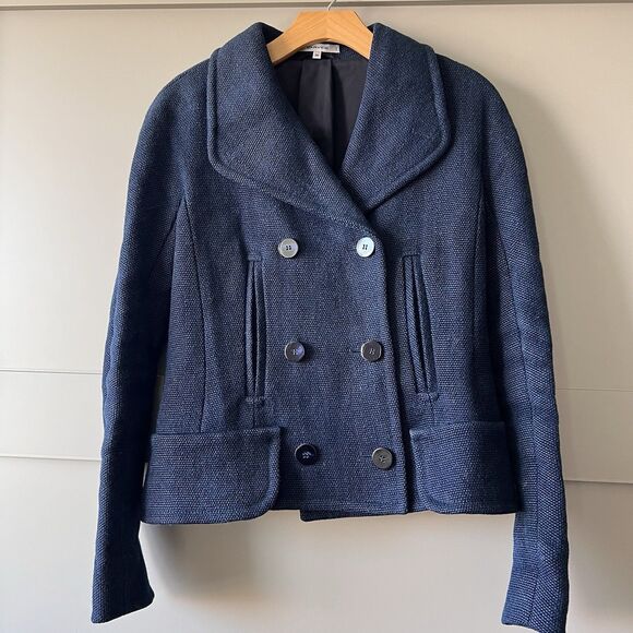 Carven Cropped Pea Coat Jute Jacket Womens Sz 36 Blue Designer Luxury‎ Preppy